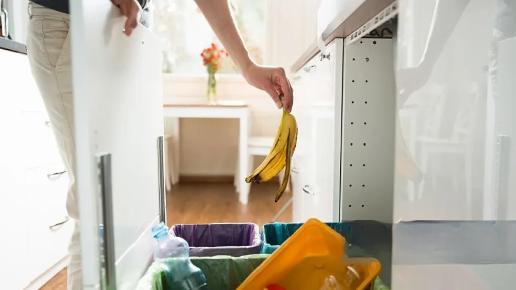 Cozinha organizada com sistema simples de separação de resíduos, mostrando como reduzir resíduos domésticos sem complicações