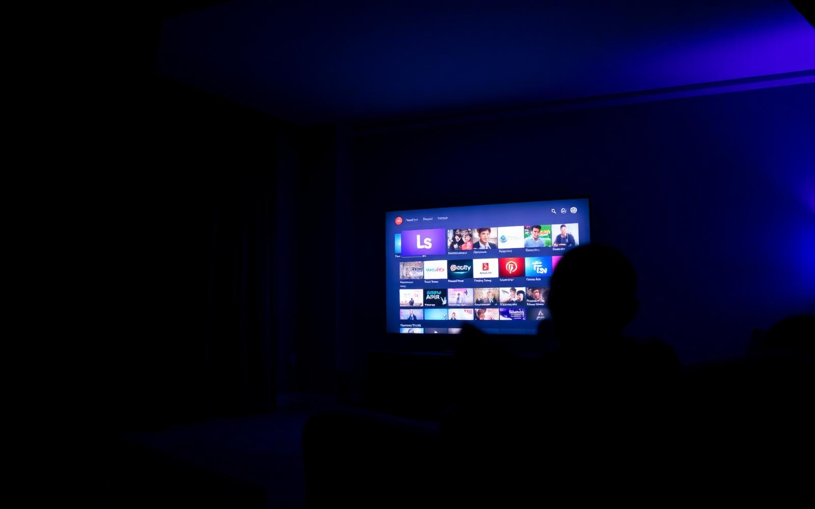 Sala escura com TV exibindo uma grade de canais, filmes e séries em um serviço de IPTV