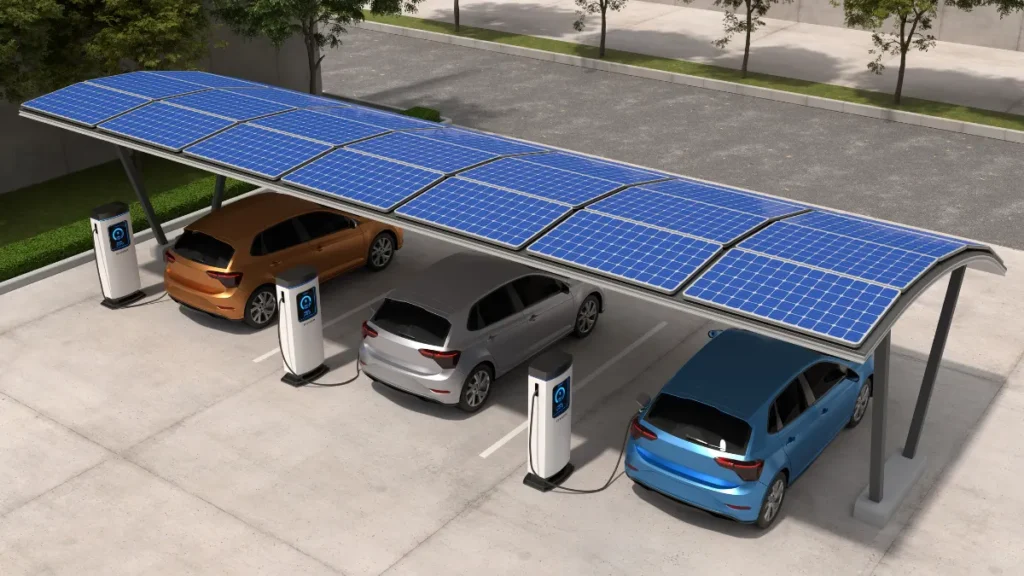 Carros Elétricos Carregando Estação com Painel Solar
